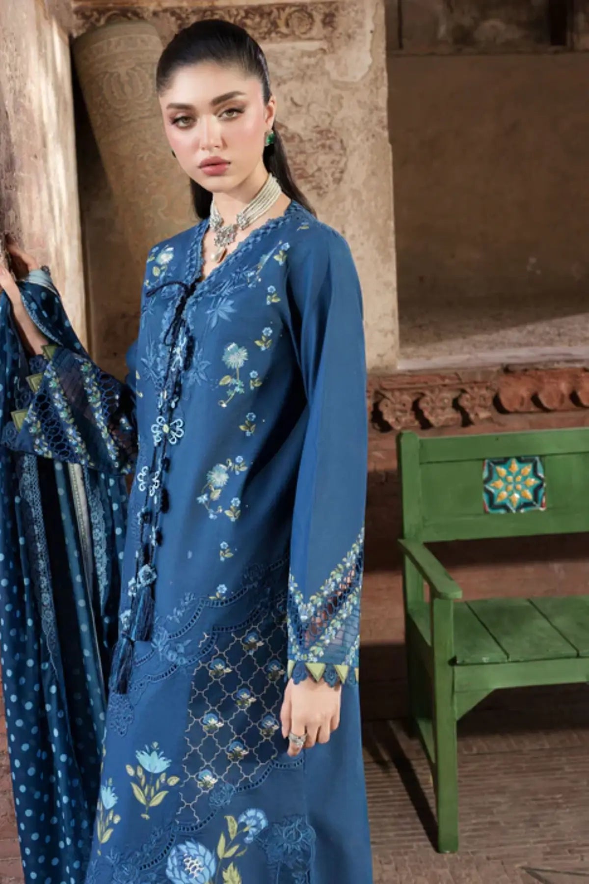 LILY 1A blue Saira Shakira Bloom lawn stitched 3PC suit with monar dupatta