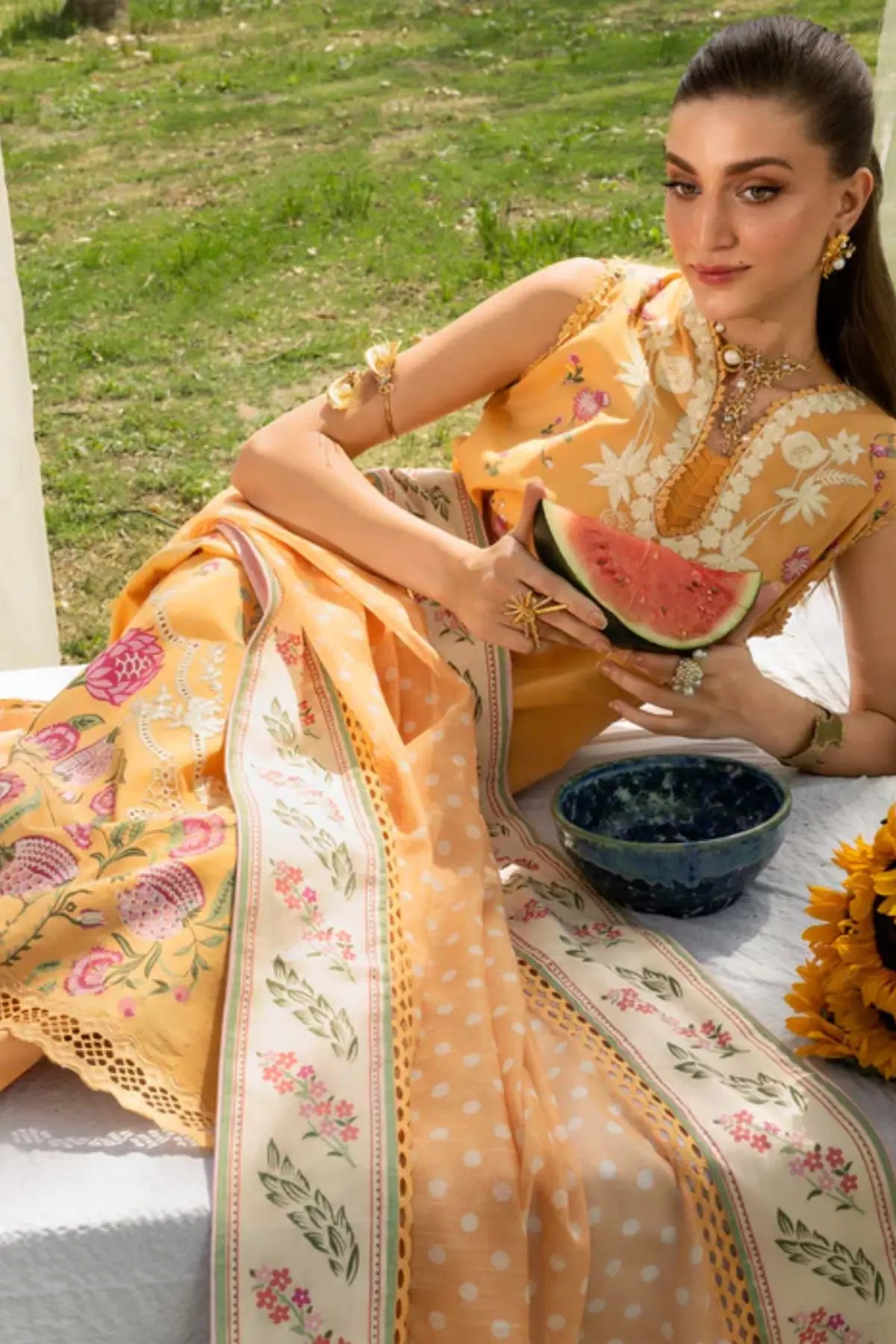 LILY 1B mustard Saira Shakira Bloom lawn stitched 3PC suit with monar dupatta