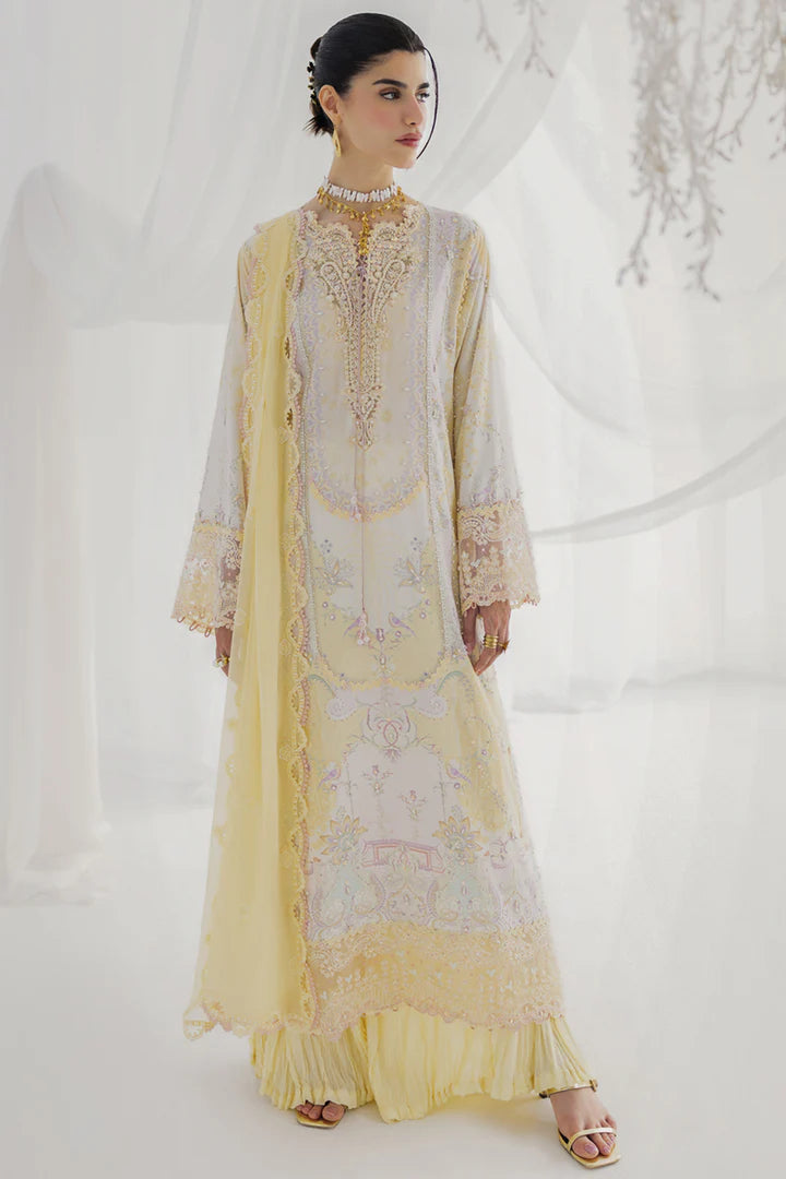 LK-03 Leni lime yellow silk stitched suit with handmade embroidery & chiffon dupatta – luxury festive dress.