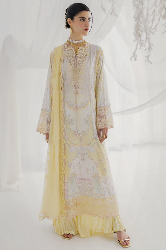 LK-03 Leni lime yellow silk stitched suit with handmade embroidery & chiffon dupatta – luxury festive dress.