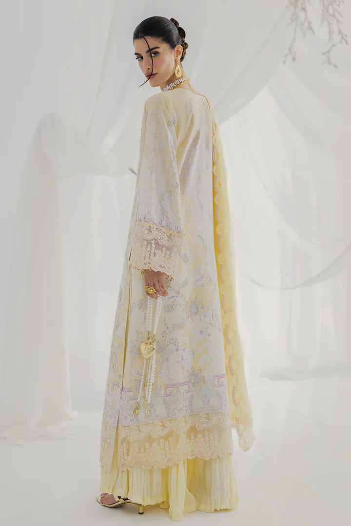 LK-03 Leni lime yellow silk stitched suit with handmade embroidery & chiffon dupatta – luxury festive dress.