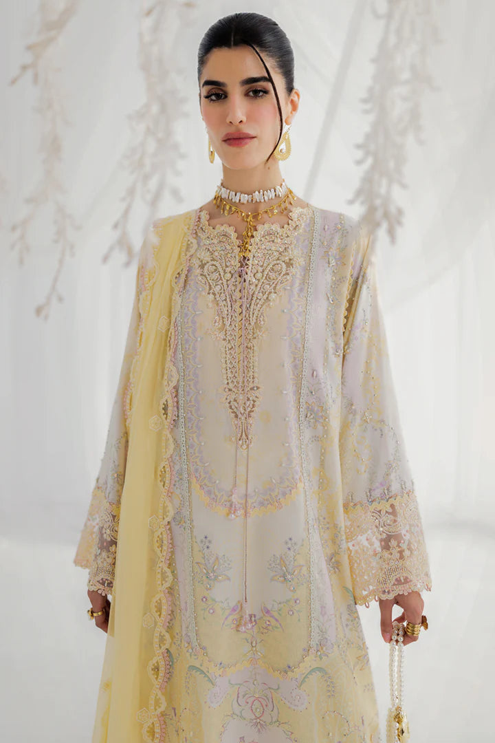 LK-03 Leni lime yellow silk stitched suit with handmade embroidery & chiffon dupatta – luxury festive dress.