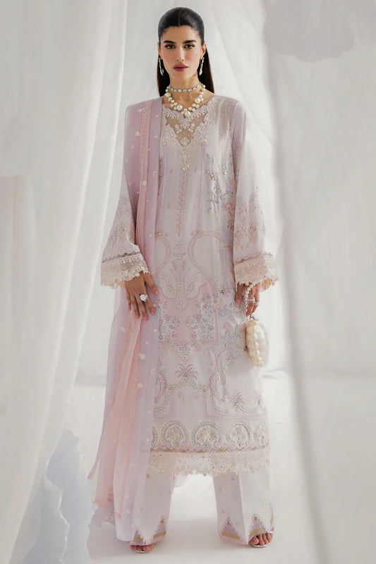 LK-04 Marlene lilac digital printed silk stitched outfit with embroidered net dupatta & trousers – luxury festive party dress.

