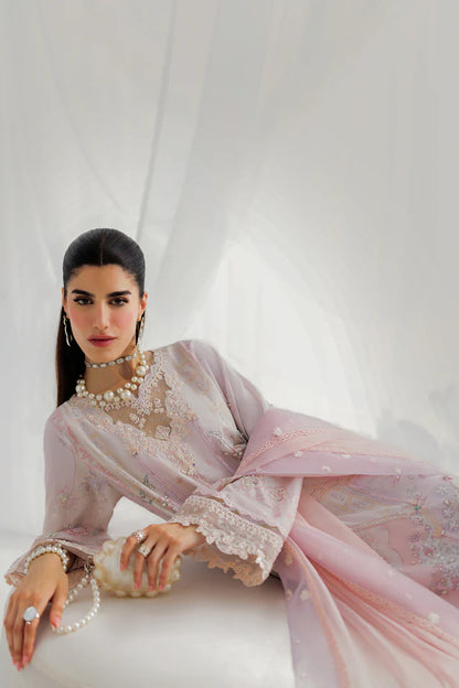 LK-04 Marlene lilac digital printed silk stitched outfit with embroidered net dupatta & trousers – luxury festive party dress.