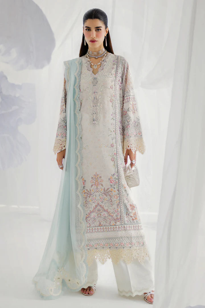 LK-06 Nele stitched light blue silk suit with embroidered chiffon dupatta – semi-formal festive outfit.