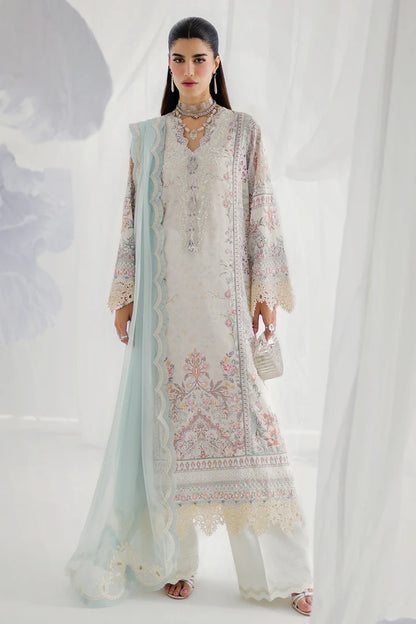 LK-06 Nele stitched light blue silk suit with embroidered chiffon dupatta – semi-formal festive outfit.