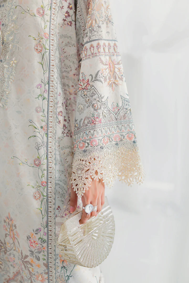 LK-06 Nele stitched light blue silk suit with embroidered chiffon dupatta – semi-formal festive outfit.