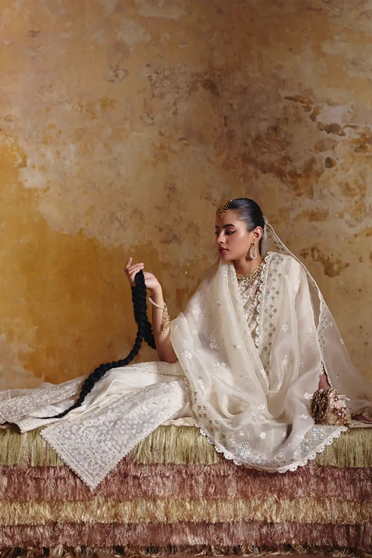 Suffuse LUVINA ivory layered silk 3PC suit with organza dupatta for Eid and formal wear