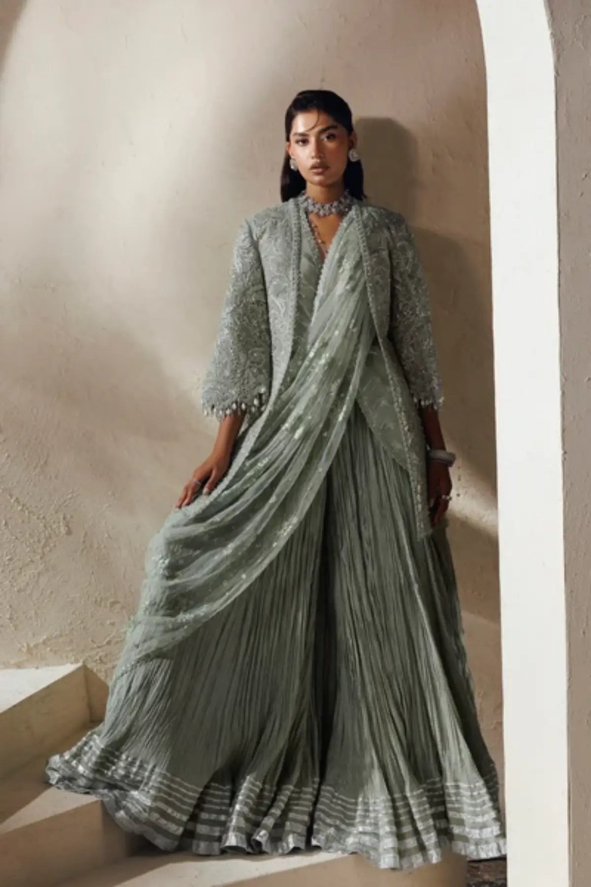 La Reina Modern Muse 26 sage green embellished jacket stitched formal suit with organza jacket, raw silk sharara and embroidered net dupatta