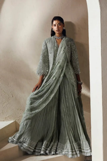 La Reina Modern Muse 26 sage green embellished jacket stitched formal suit with organza jacket, raw silk sharara and embroidered net dupatta