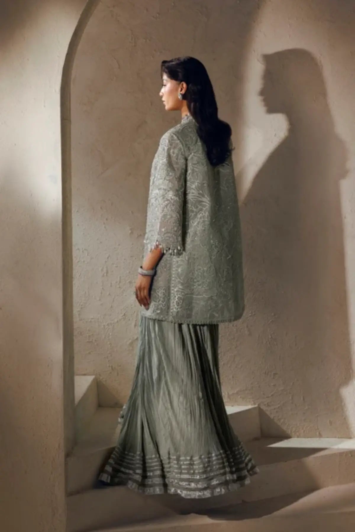 La Reina Modern Muse 26 sage green embellished jacket stitched formal suit with organza jacket, raw silk sharara and embroidered net dupatta