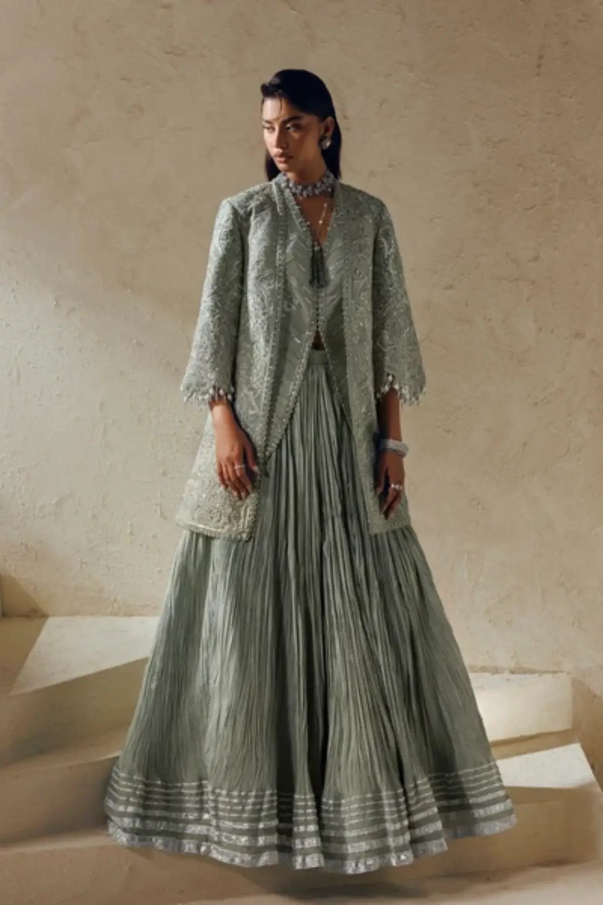 La Reina Modern Muse 26 sage green embellished jacket stitched formal suit with organza jacket, raw silk sharara and embroidered net dupatta