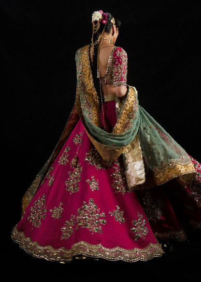 Laal-Deep Pink Satin Silk Lehenga with Organza Blouse