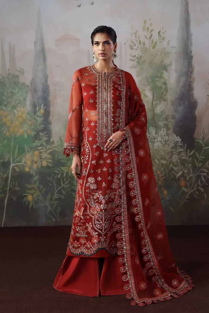 Laalroz timeless red organza embroidered dress with dupatta and silk trousers by Akbar Aslam, luxury festive outfit for wedding guests and formal events.