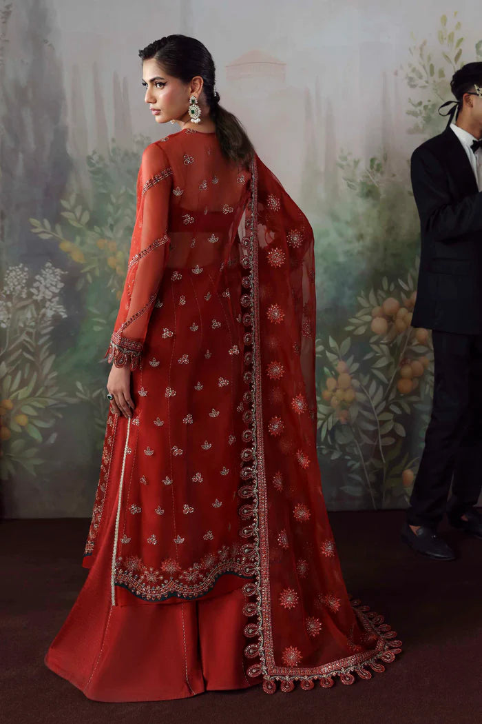 Laalroz timeless red organza embroidered dress with dupatta and silk trousers by Akbar Aslam, luxury festive outfit for wedding guests and formal events.