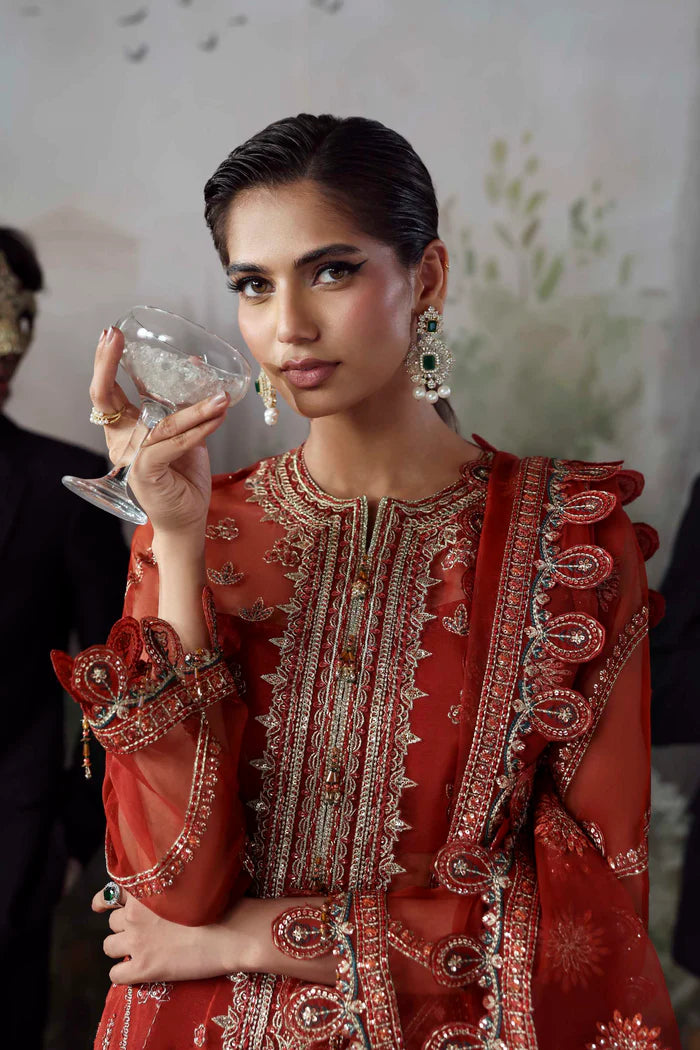 Laalroz timeless red organza embroidered dress with dupatta and silk trousers by Akbar Aslam, luxury festive outfit for wedding guests and formal events.