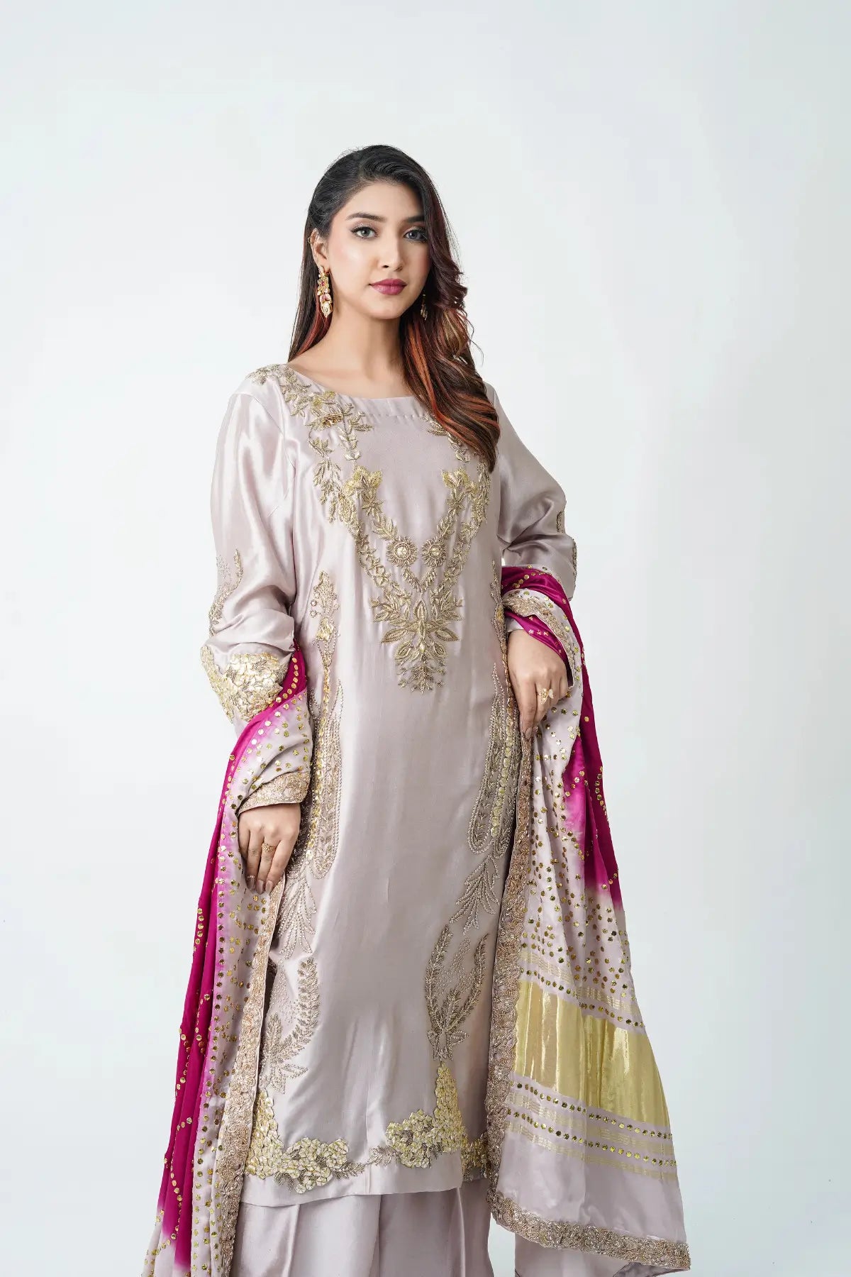 Laiba grey magenta sheesha silk festive Eid outfit with heavy mukesh chunri dupatta by MariamRaj