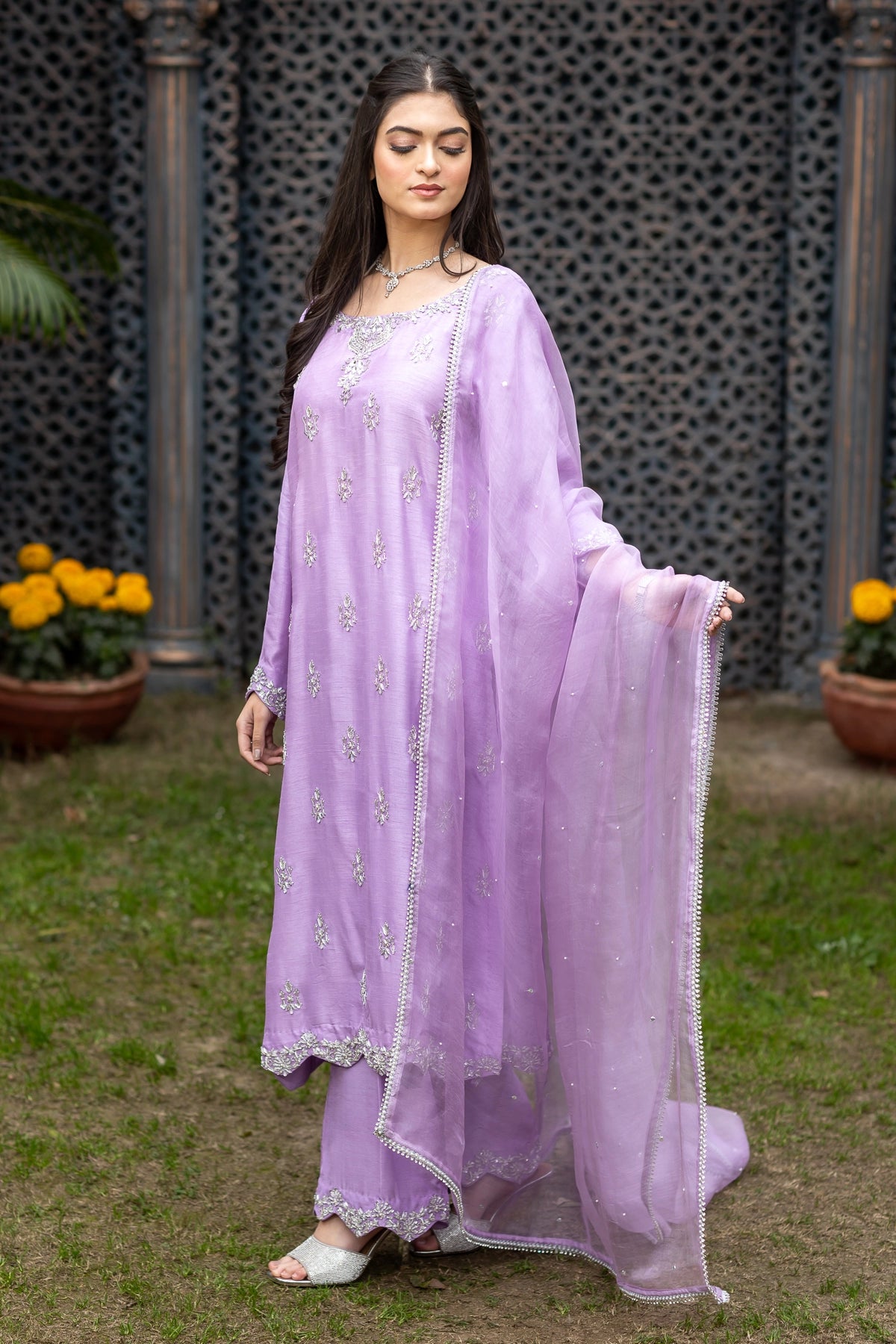 Laila lavender raw silk 3PC Eid Edit 2026 with silver handwork by MariamRaj