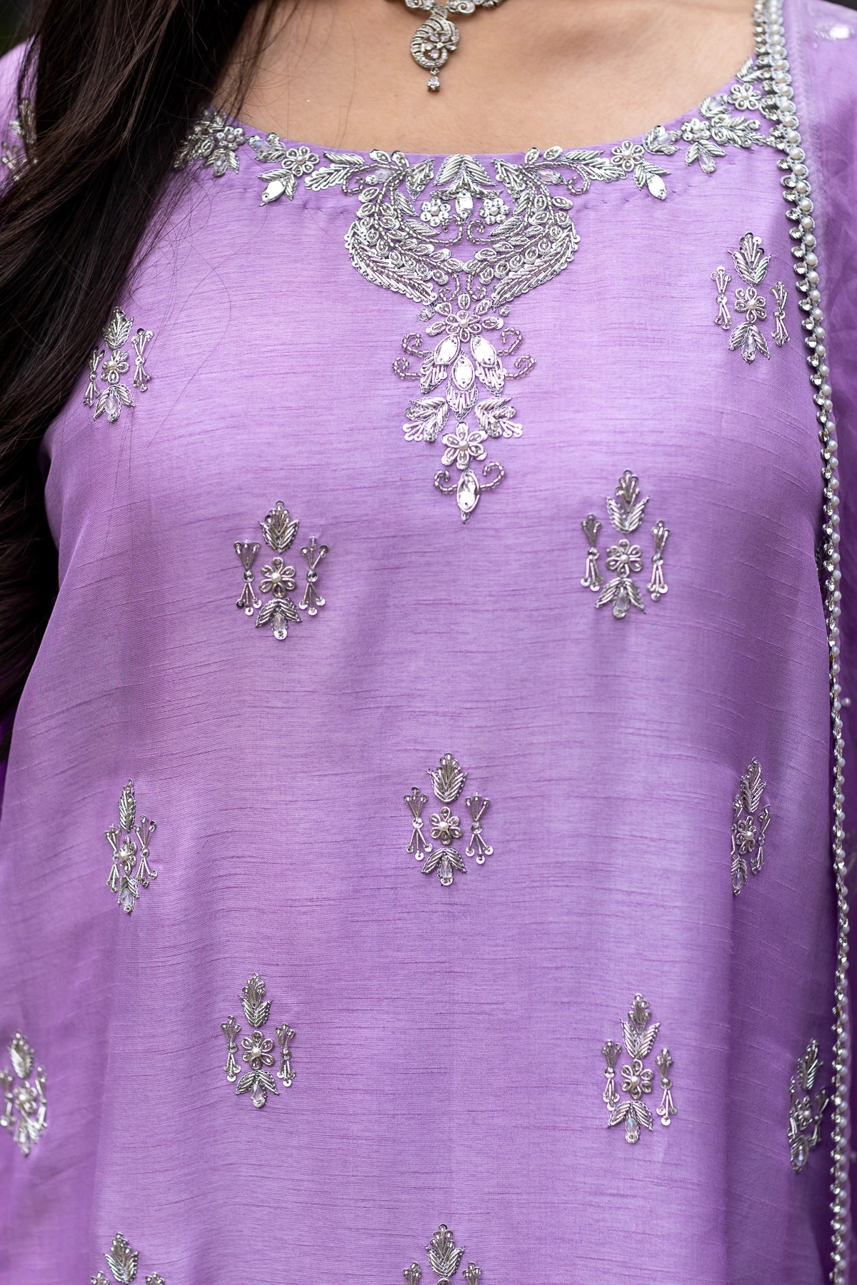 Laila lavender raw silk 3PC Eid Edit 2026 with silver handwork by MariamRaj
