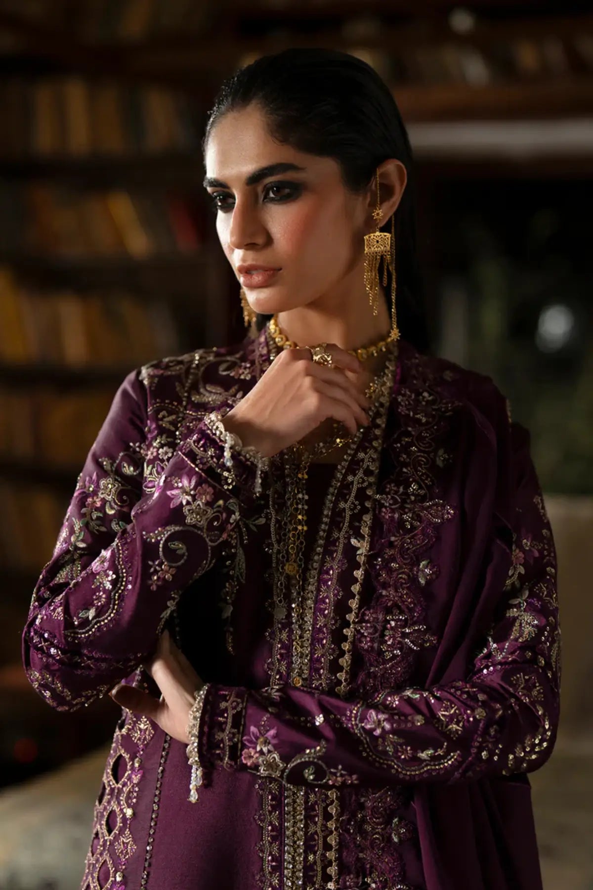 Saad Bin Shahzad Pakistani Plum Stitched Sharara Outfit Laila In Tussar Silk With Chiffon Dupatta Pakistanimoda.
