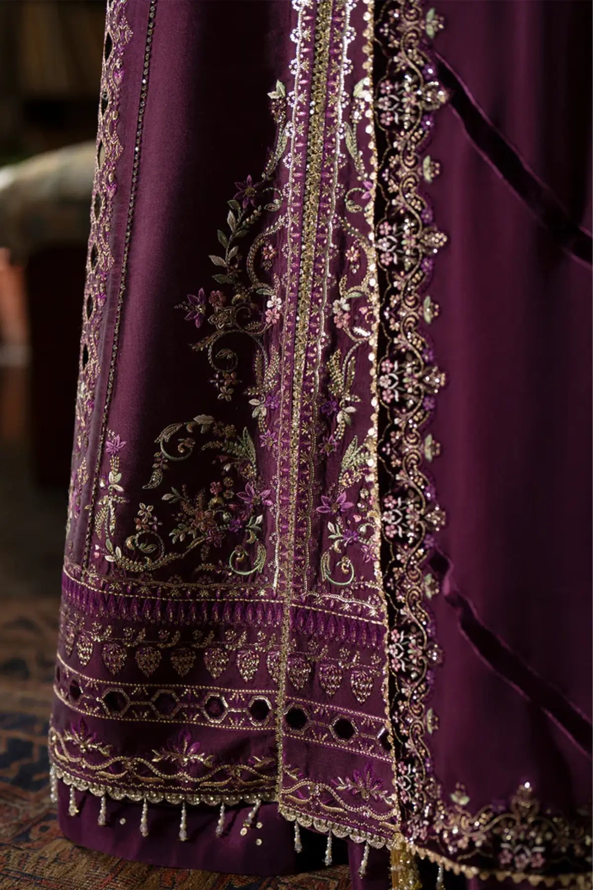 Saad Bin Shahzad Pakistani Plum Stitched Sharara Outfit Laila In Tussar Silk With Chiffon Dupatta Pakistanimoda.