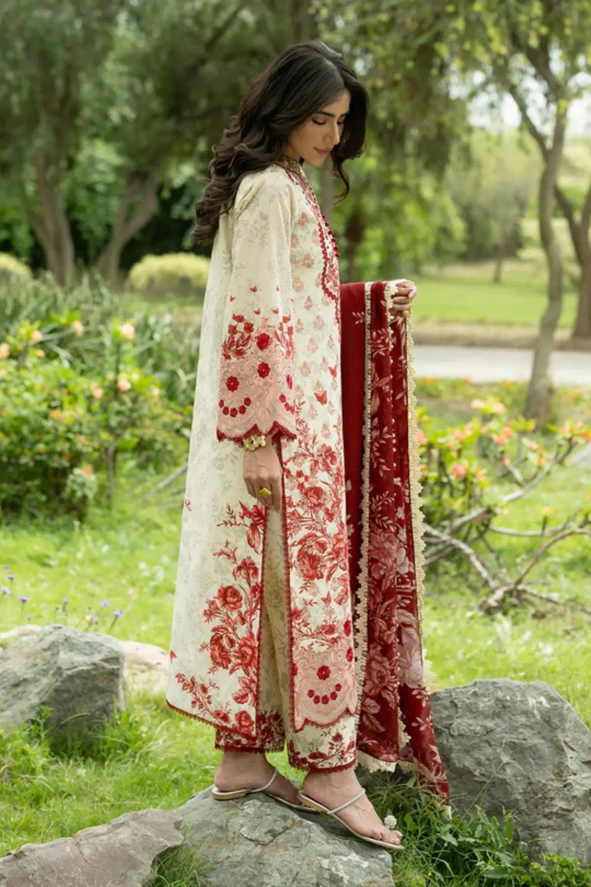 Laine 16 beige red stitched lawn 3PC suit with silk dupatta by Zainab Chottani Pakistanimoda
