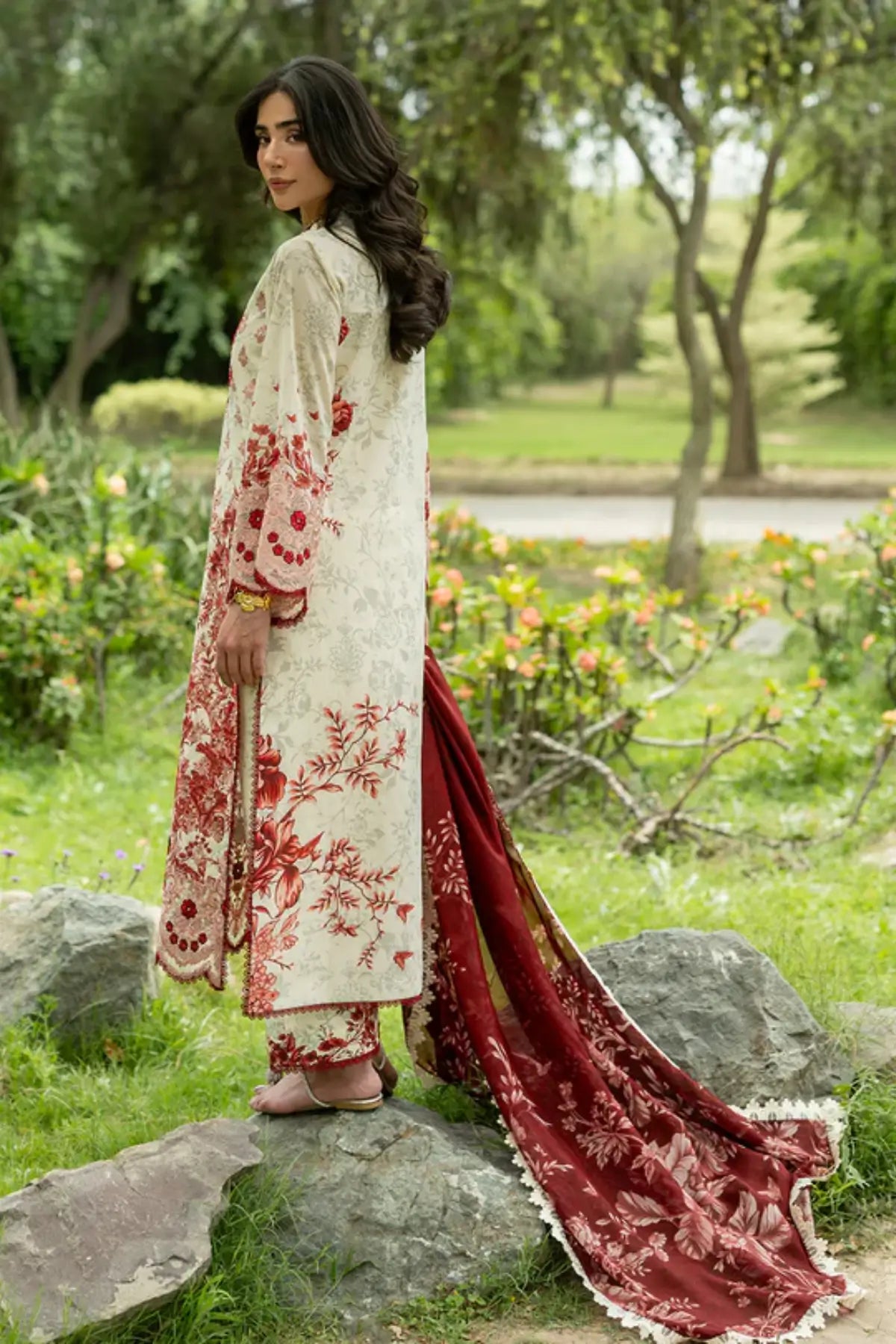 Laine 16 beige red stitched lawn 3PC suit with silk dupatta by Zainab Chottani Pakistanimoda