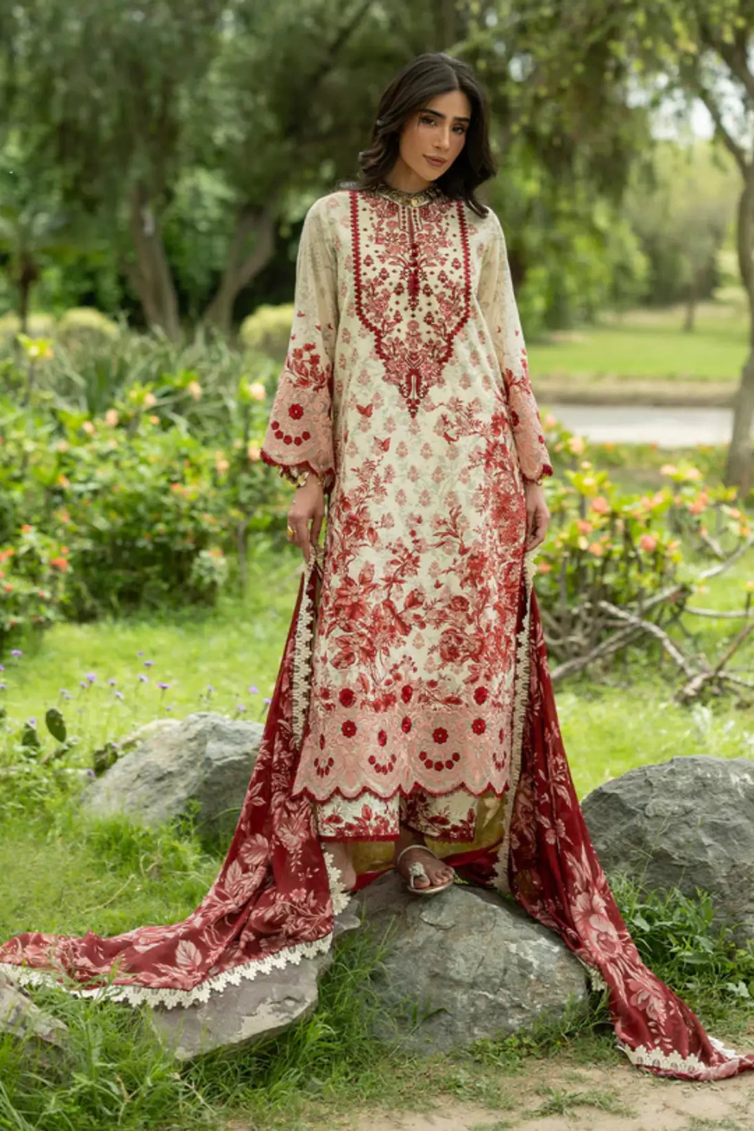 Laine 16 beige red stitched lawn 3PC suit with silk dupatta by Zainab Chottani Pakistanimoda
