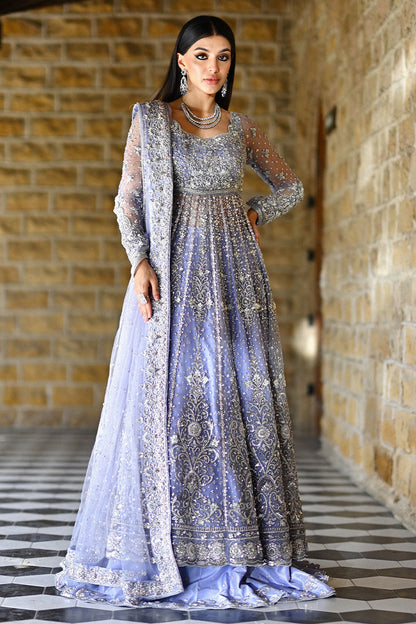 Periwinkle Pakistani bridal outfit with net kalidaar, raw silk lehenga, and embellished net dupatta – perfect for Nikkah brides in the USA.