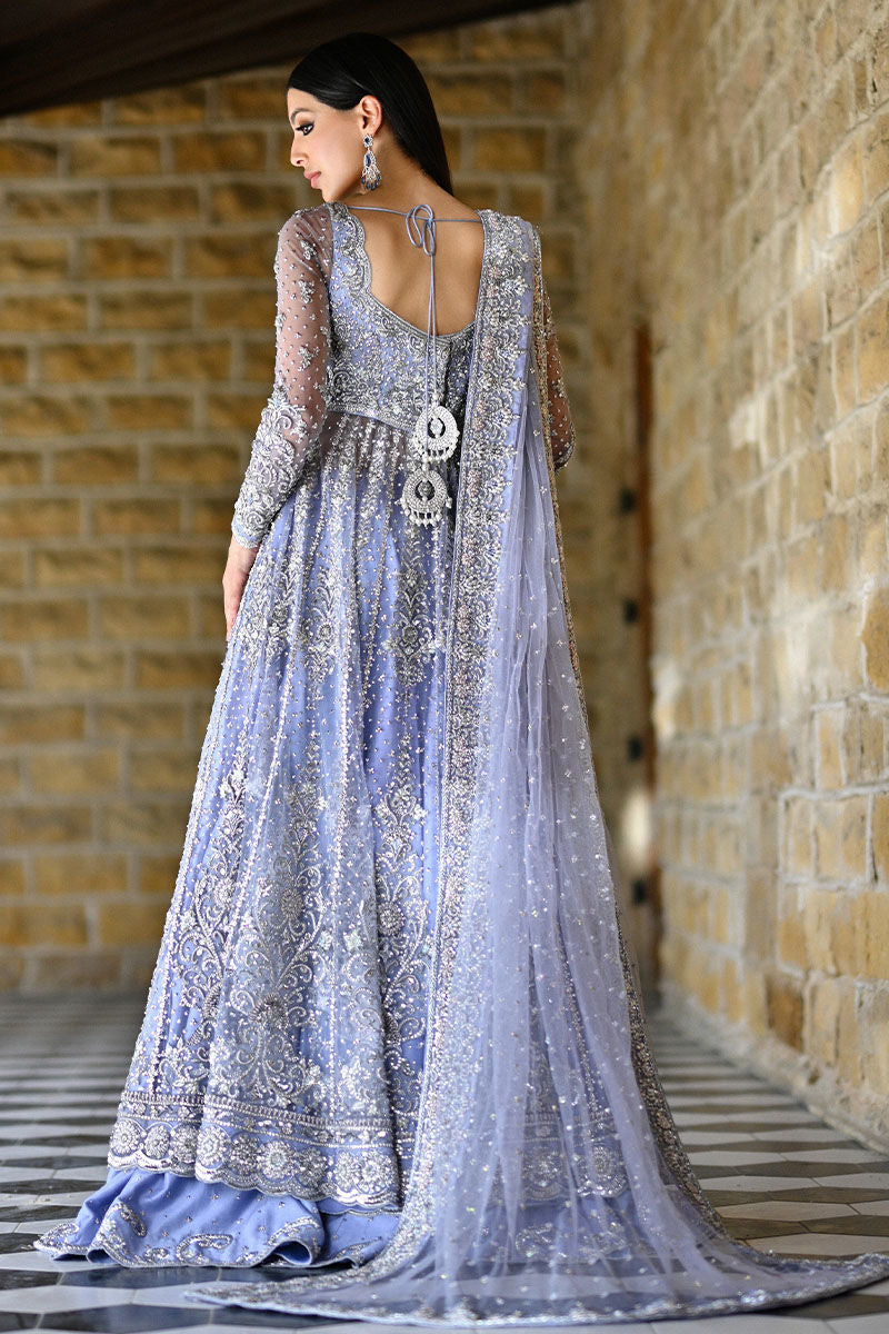 Periwinkle Pakistani bridal outfit with net kalidaar, raw silk lehenga, and embellished net dupatta – perfect for Nikkah brides in the USA.