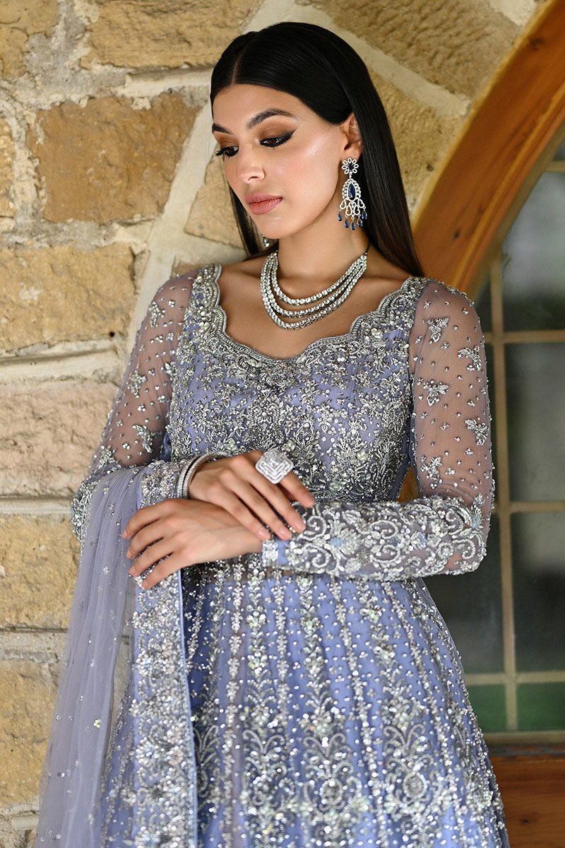 Periwinkle Pakistani bridal outfit with net kalidaar, raw silk lehenga, and embellished net dupatta – perfect for Nikkah brides in the USA.