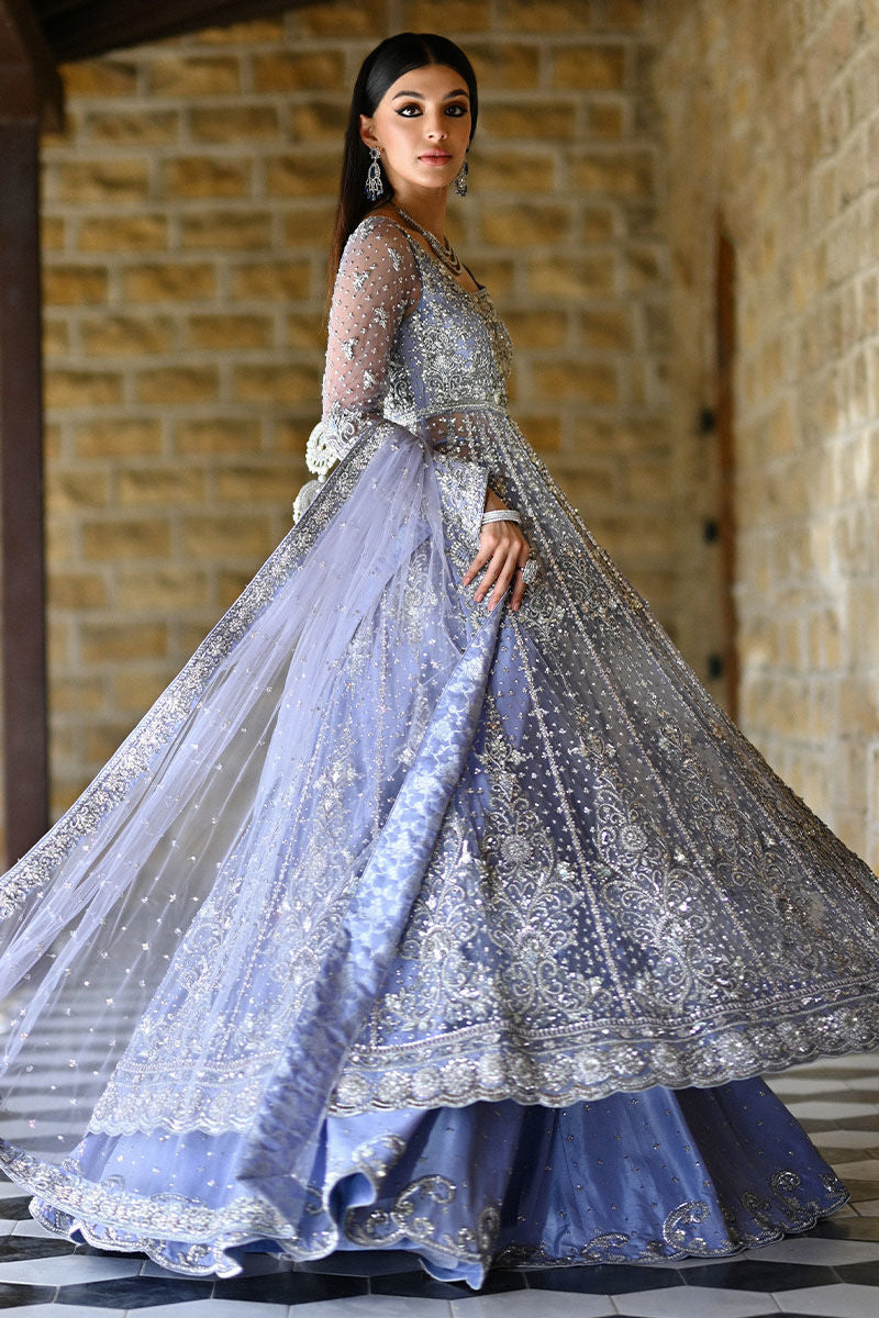 Periwinkle Pakistani bridal outfit with net kalidaar, raw silk lehenga, and embellished net dupatta – perfect for Nikkah brides in the USA.