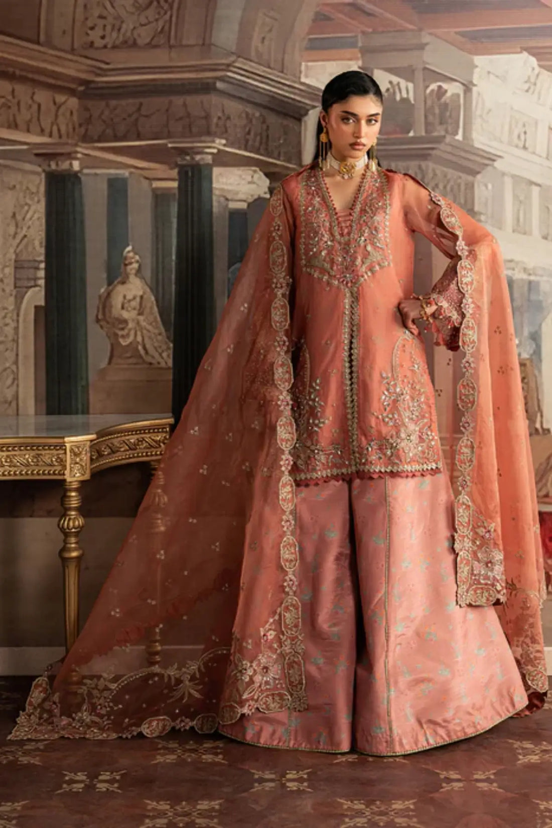 Laleh Noor by Sadaf Fawad Khan from Roya Lumière peach pink organza sharara dress for wedding wear