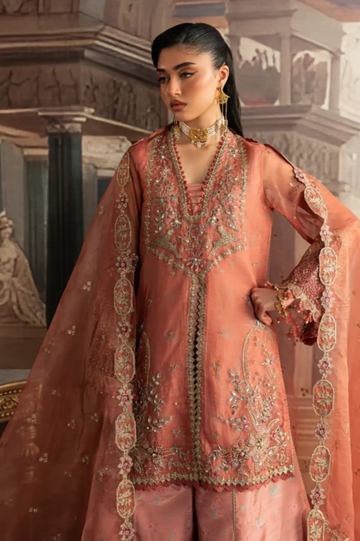 Laleh Noor by Sadaf Fawad Khan from Roya Lumière peach pink organza sharara dress for wedding wear