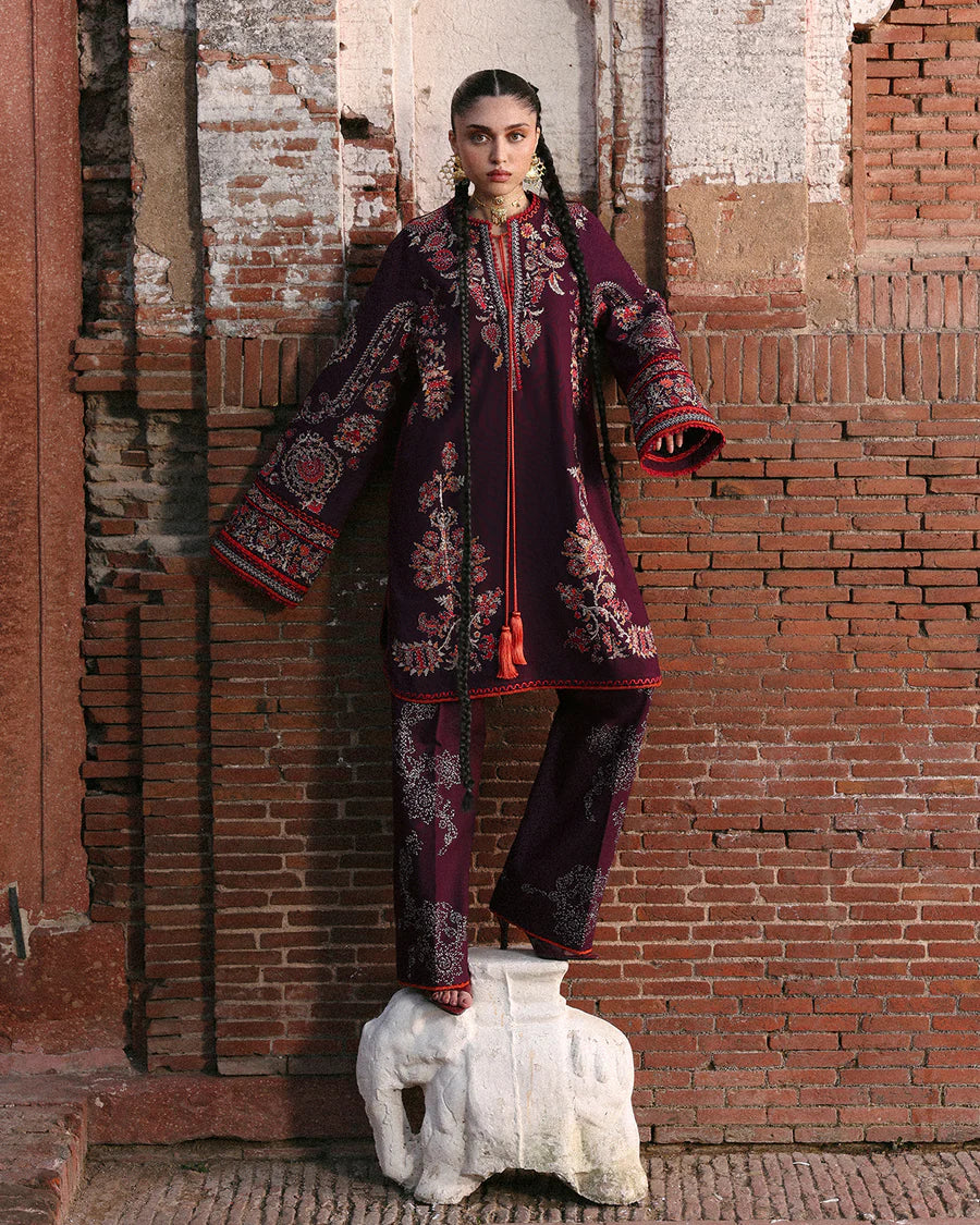 Stitched Jugnu Lahore Laleh Deep Purple Khaddar 3pc with embroidered shirt, trouser and wool shawl, available worldwide at Pakistanimoda.