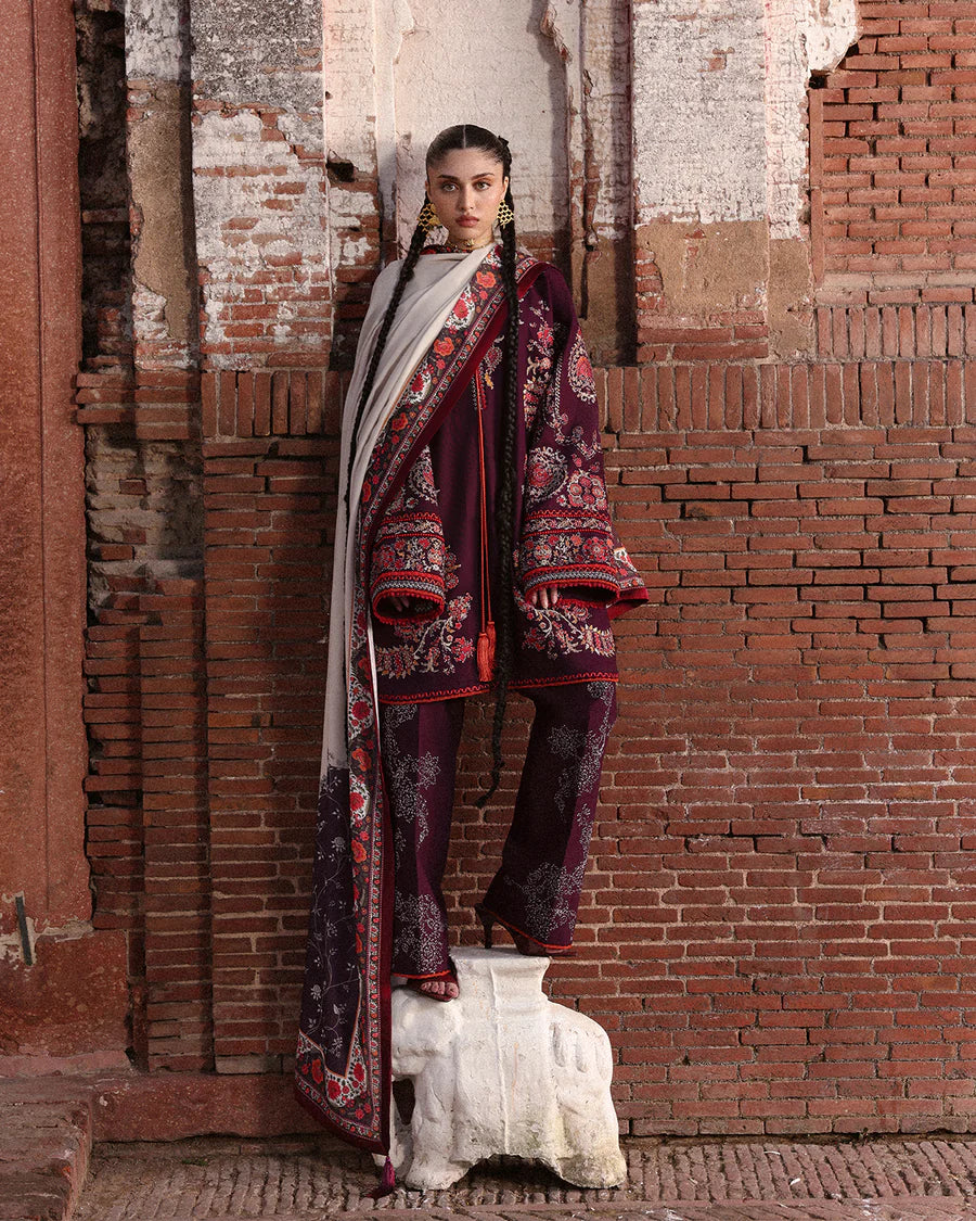 Stitched Jugnu Lahore Laleh Deep Purple Khaddar 3pc with embroidered shirt, trouser and wool shawl, available worldwide at Pakistanimoda.