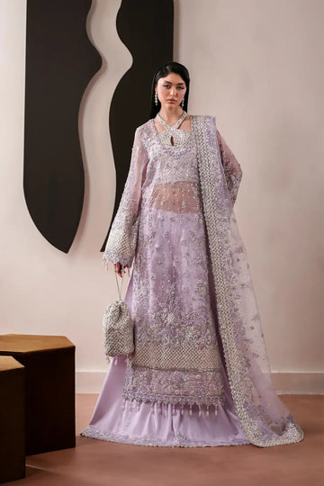 Lapis Emaan Adeel lilac embroidered organza stitched formal 3PC suit with dupatta and raw silk trouser