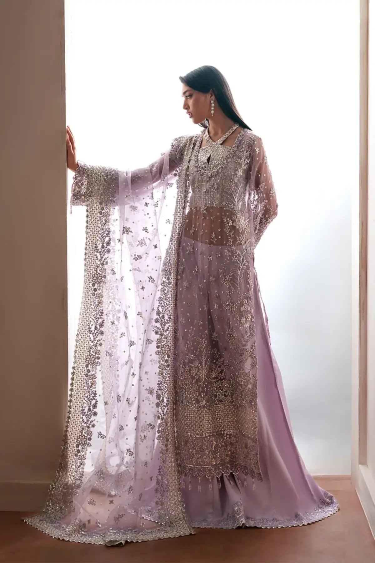 Lapis Emaan Adeel lilac embroidered organza stitched formal 3PC suit with dupatta and raw silk trouser