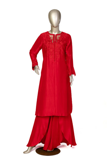 Lara- Red Embroidered Elegant Silk Shirt with Plazzo