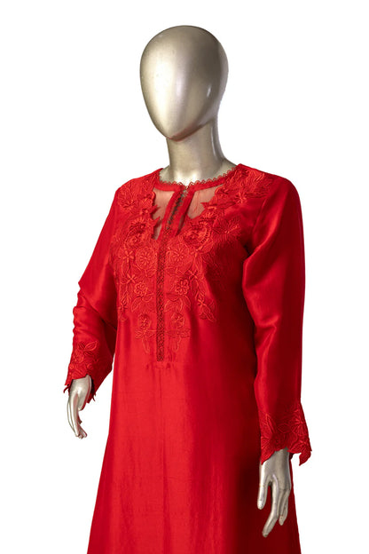 Lara- Red Embroidered Elegant Silk Shirt with Plazzo