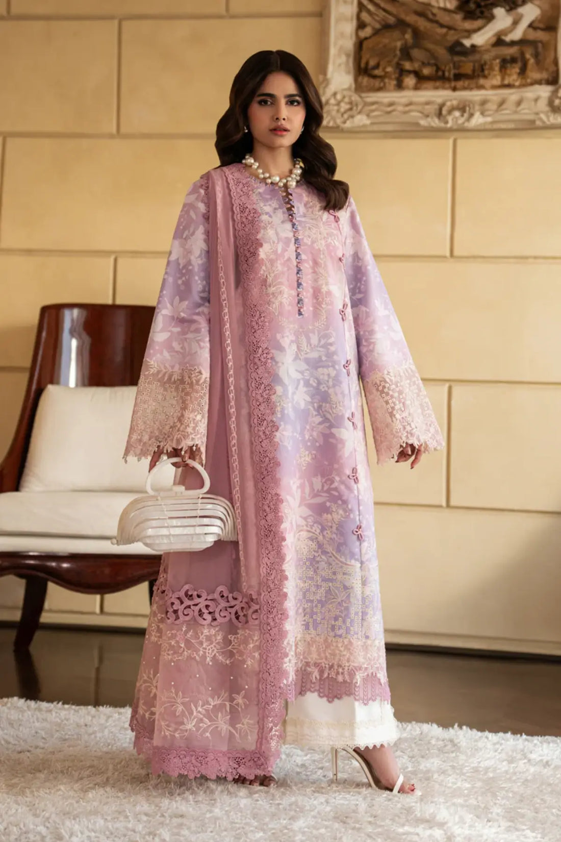 Lara Lavender Rose premium lawn Eid 3PC dress by Rang Rasiya Carnation Eid Edit 2026 with chiffon dupatta