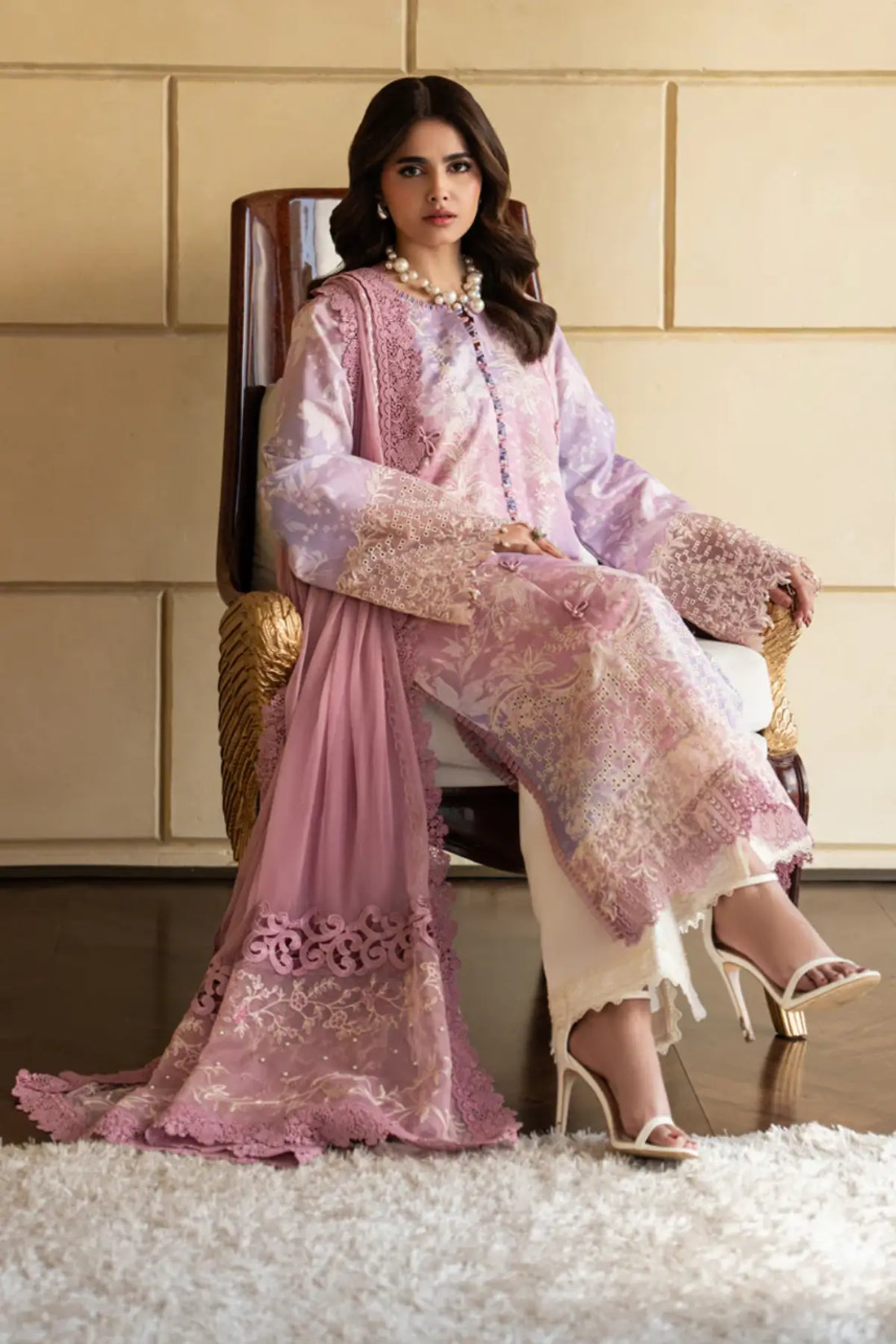 Lara Lavender Rose premium lawn Eid 3PC dress by Rang Rasiya Carnation Eid Edit 2026 with chiffon dupatta