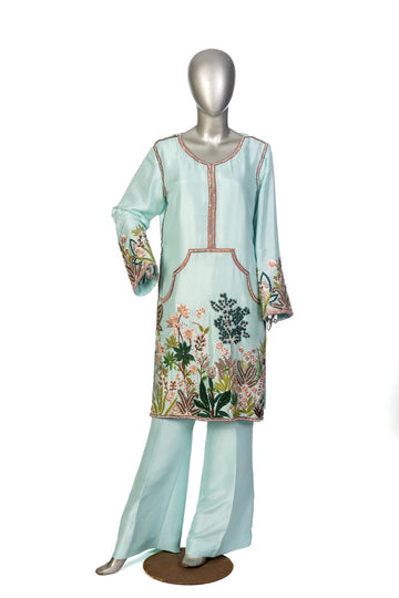 Laraib Mint Green Silk Ensemble with hand-embroidered silk shirt and bell-bottom pant for party wear, evening events, and festive occasions by MariamRaj