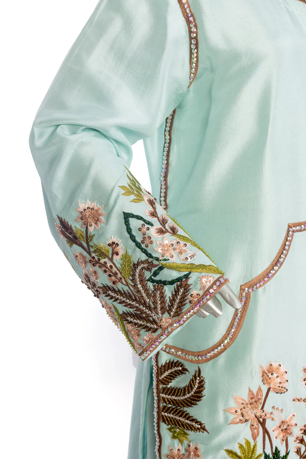Laraib Mint Green Silk Ensemble with hand-embroidered silk shirt and bell-bottom pant for party wear, evening events, and festive occasions by MariamRaj