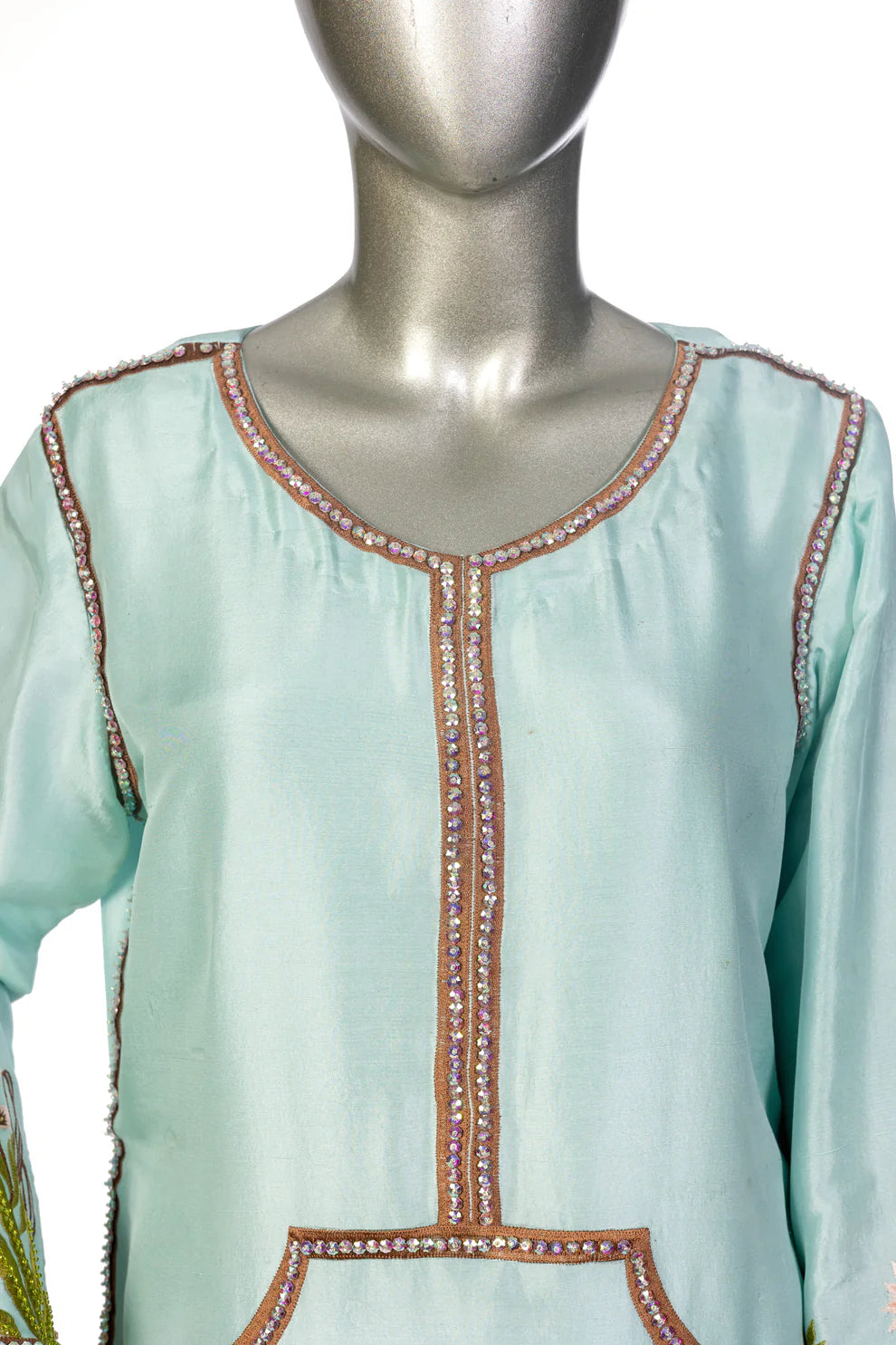 Laraib Mint Green Silk Ensemble with hand-embroidered silk shirt and bell-bottom pant for party wear, evening events, and festive occasions by MariamRaj