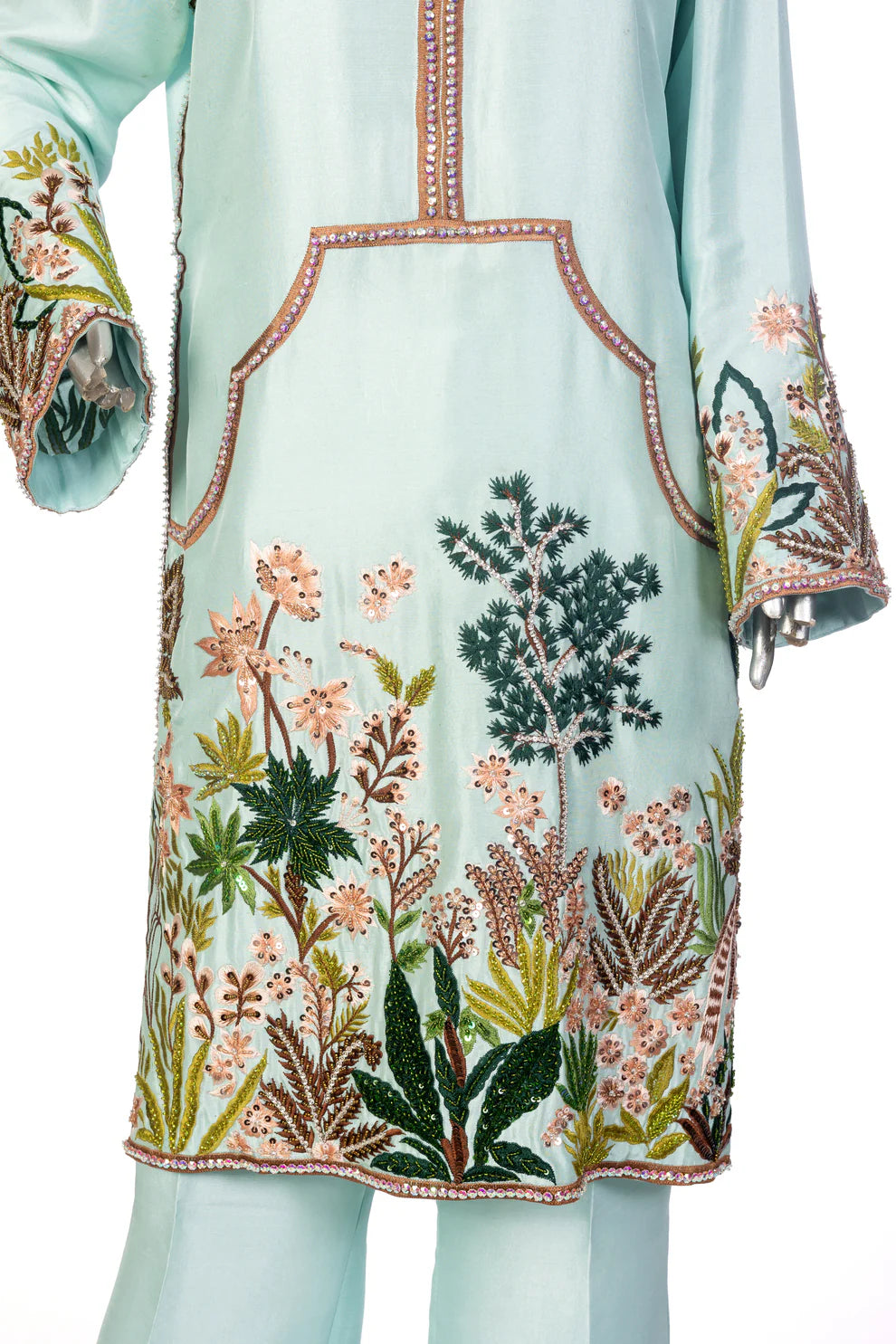 Laraib Mint Green Silk Ensemble with hand-embroidered silk shirt and bell-bottom pant for party wear, evening events, and festive occasions by MariamRaj