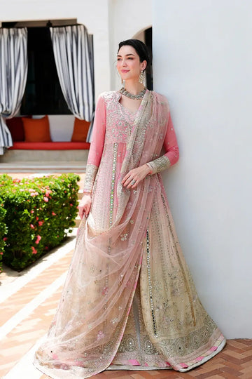 Last Fling gradient pink and lemon hand embellished mirror work chiffon formal dress with jamawar lehenga and sequinned net dupatta
