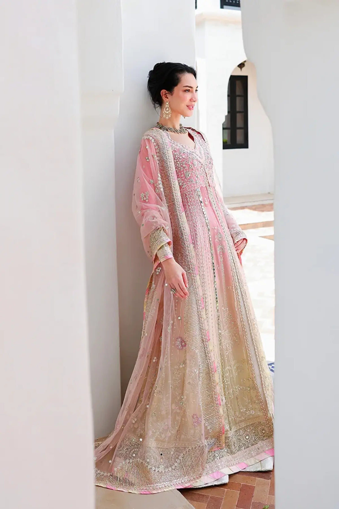 Last Fling gradient pink and lemon hand embellished mirror work chiffon formal dress with jamawar lehenga and sequinned net dupatta