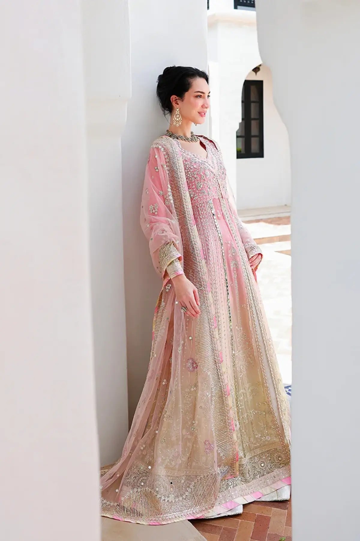 Last Fling gradient pink and lemon hand embellished mirror work chiffon formal dress with jamawar lehenga and sequinned net dupatta