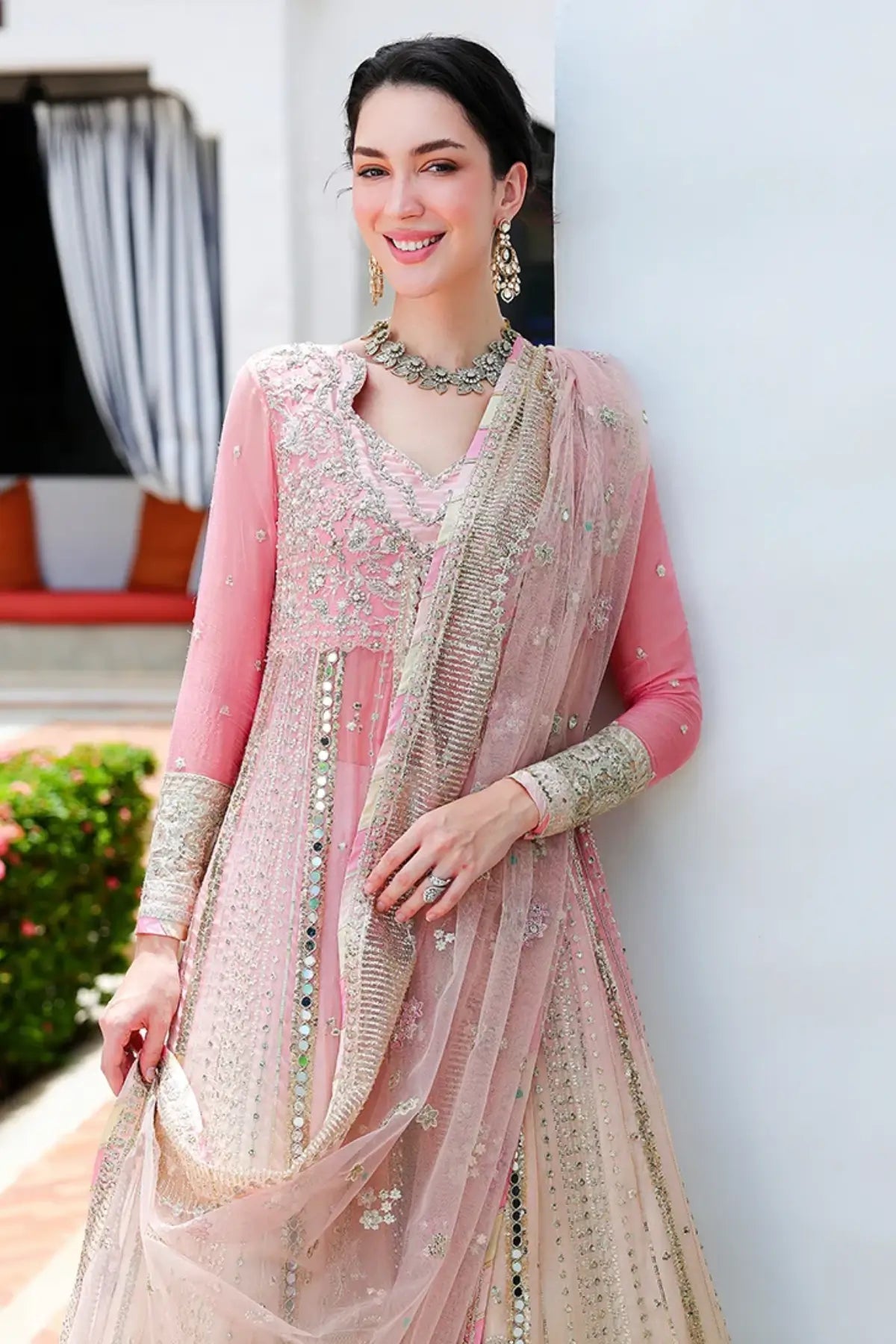 Last Fling gradient pink and lemon hand embellished mirror work chiffon formal dress with jamawar lehenga and sequinned net dupatta